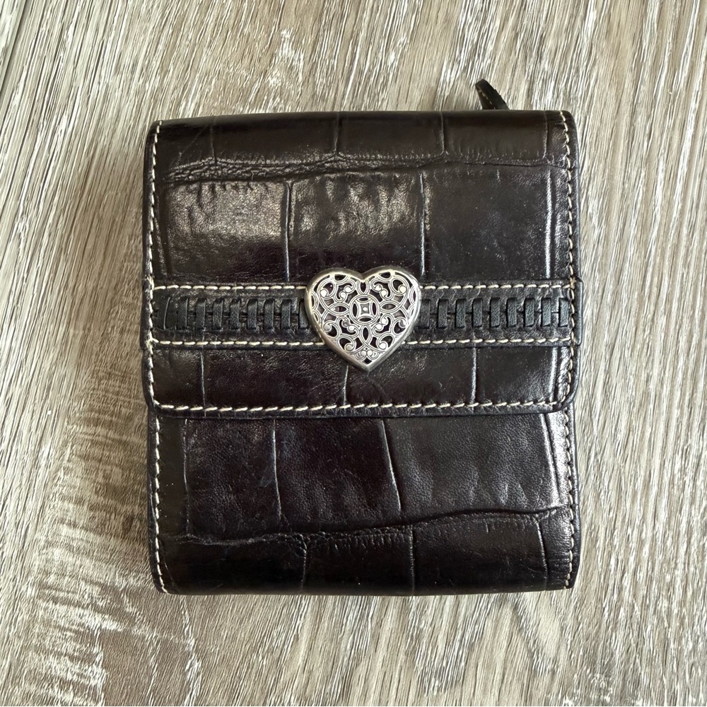Brighton Black Croc-Embossed Leather Wallet with Heart Accent
